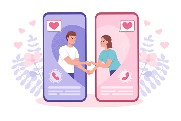 Maintaining Online Relationship Flat Concept Vector Illustration Young Man Woman — Stock Vector