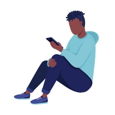 Genç çocuk yarı düz renk vektör karakterine bakıyor. Oturan bir figür. Beyazın üzerinde tam vücut insan. Geç ergenlik grafik tasarım ve animasyon için izole edilmiş modern çizgi film stili çizimi