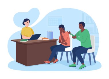 2D vektör izole resimleme okulunun müdürünü ziyaret edin. Babası olan bir öğrenci çizgi filmdeki düz karakterlerle konuşuyor. Okuldan atılma riski renkli bir sahne