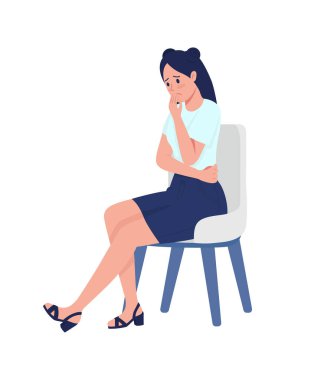 Üzgün orta okul öğrencisi, yarı düz renk vektör karakteri. Oturan bir figür. Beyazın üzerinde tam vücut insan. Hüsran, grafik tasarım ve animasyon için modern çizgi film stili çizimlerini izole etti