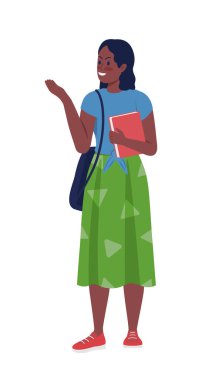 Tasasız kadın üniversite öğrencisi yarı düz renk vektör karakter. Ayakta duran figür. Beyazın üzerinde tam vücut insan. Liseliler grafik tasarım ve animasyon için modern çizgi film stili çizimlerini izole ettiler