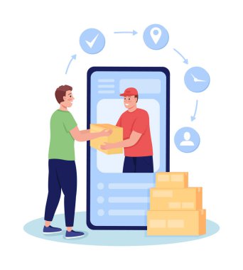 Düz konsept vektör çizimi için mobil uygulama. Lojistik başvurusu. Profesyonel kurye servisi web tasarımı için beyaz üzerine 2D çizgi film karakterlerini izole etti. Teslimat yaratıcı fikri