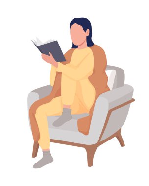 Kız koltukta yarı düz renk vektör karakterleri okuyor. Etkileşimli figürler. Beyazın üstüne tüm vücudu olan insanlar. Konforlu yaşam tarzı, grafik tasarım ve animasyon için izole edilmiş modern çizgi film stili çizimi