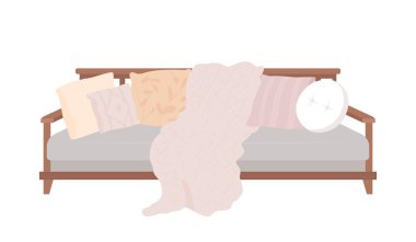 Yastıklı rahat kanepe yarı düz renk vektör öğesi. Gri koltuk. Beyaz üzerine gerçekçi bir nesne. İskandinav iç tasarımı, grafik tasarım ve animasyon için modern karikatür stili çizimi