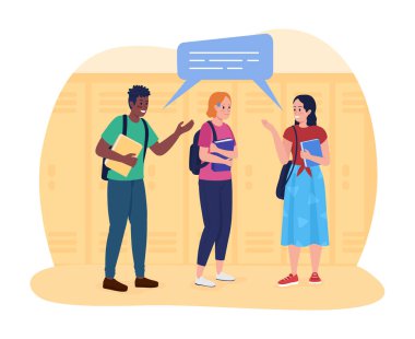 Lisedeki sosyal beceriksizlik 2D vektör izole çizimi. Çizgi film geçmişinde sınıf arkadaşları düz karakterli utangaç liseli kız. Grup rengarenk sahnelere katılma yetersizliği ve korkusu