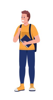 Gülümseyen orta okul öğrencisi yarı düz renk vektör karakter. Ayakta duran figür. Beyazın üzerinde tam vücut insan. Yedinci sınıf, grafik tasarım ve animasyon için modern karikatür stili çizimi