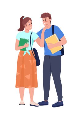 Lise aşıkları yarı düz renk vektör karakterler. Ayakta duran figürler. Beyazın üstüne tüm vücudu olan insanlar. Öğrenciler grafik tasarım ve animasyon için modern çizgi film stili çizimlerini izole ettiler