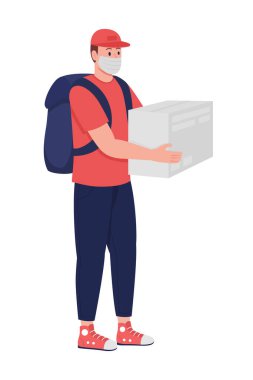 Yarı düz renk vektör karakterli kurye. Poz figürü. Beyazın üzerinde tam vücut insan. Grafik tasarım ve animasyon için izole edilmiş modern çizgi film stili çizimi