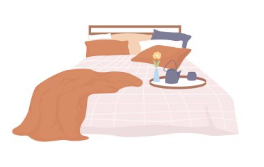 Konforlu yatak yarı düz renk vektör öğesi. Beyaz üzerine gerçekçi bir nesne. Hygge yaşam tarzı mobilyalar. Grafik tasarım ve animasyon için konforlu yaşam izole edilmiş modern çizgi film stili çizimi