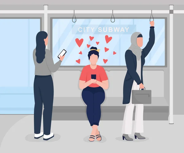Spending Time Public Transport Dating App Flat Color Vector Illustration — Vetor de Stock