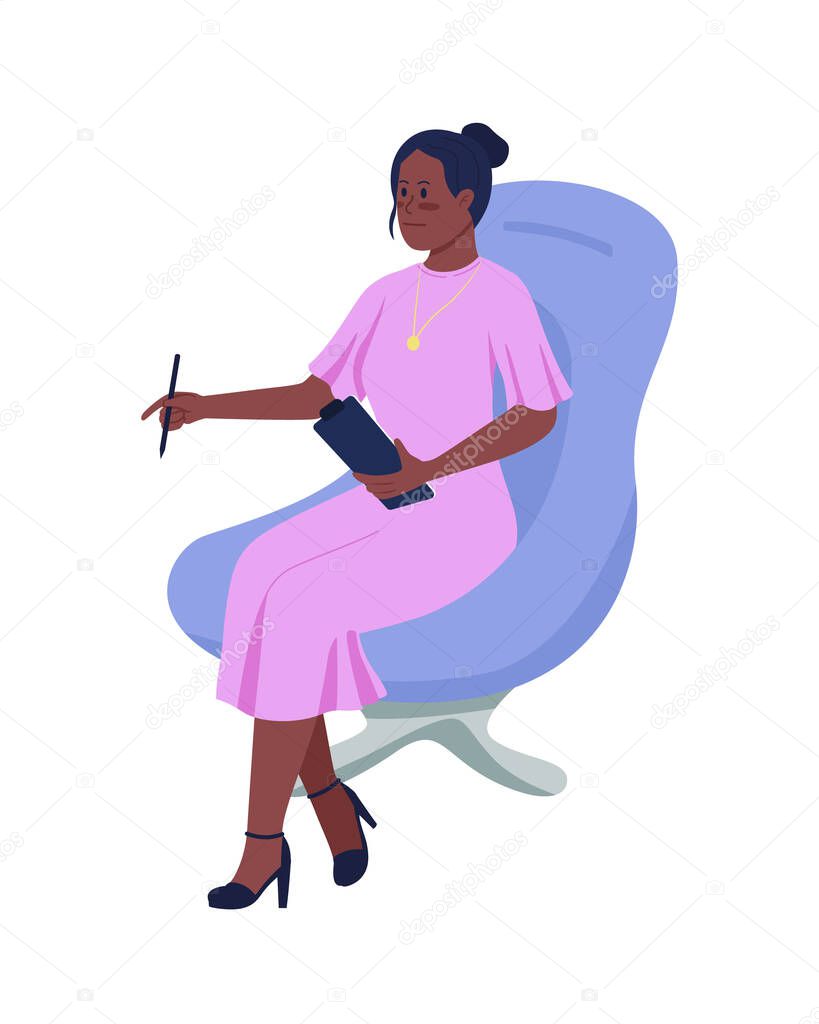 Smiling counselor sitting in armchair semi flat color vector character. Full body person on white. Psychological consultant isolated modern cartoon style illustration for graphic design and animation