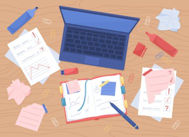 Dağınık çalışma alanı düz renk vektör çizimi. Freelancer çalışma alanı. Kırtasiyeli kaotik masaaralığı. Kalem ve kağıt. En üstteki görünüm 2D karikatür çizimi arkaplan koleksiyonunda masaüstü ile