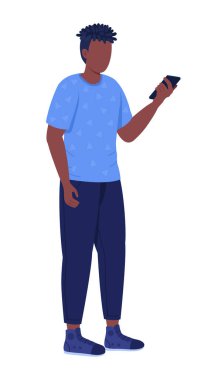 Cep telefonu yarı düz renk vektör karakterli şık bir adam. Ayakta duran figür. Beyazın üzerinde tam vücut insan. Grafik tasarım ve animasyon için izole edilmiş modern çizgi film stili örneklendirmesi