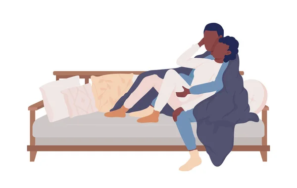 Couple Cuddling Sofa Semi Flat Color Vector Characters Interacting Figures — Vettoriale Stock