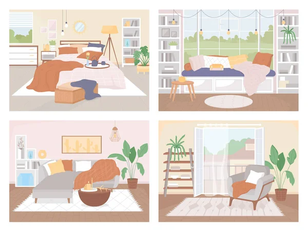 北欧风格的家庭平面彩色图像集 枕头和毛毯 舒适的公寓斯堪的纳维亚2D卡通内饰 背景收藏家具 — 图库矢量图片