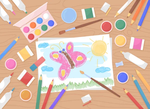 Childrens Painting Flat Color Vector Illustration Arts Crafts Kids Paintbrushes — 图库矢量图片