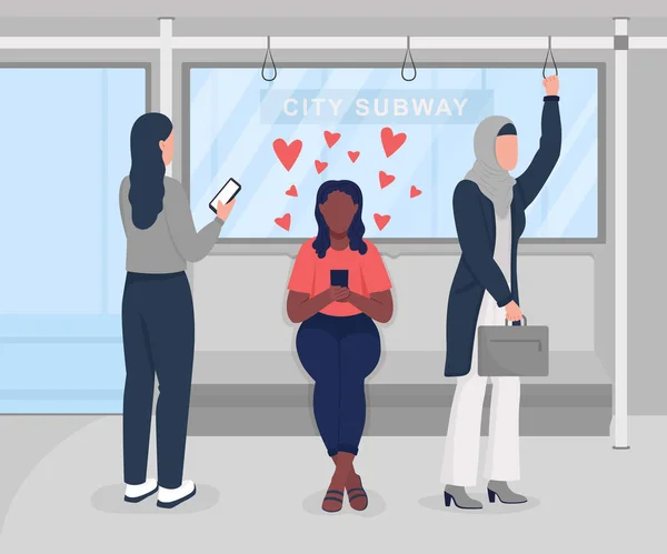 Spending Time Subway Dating Site Flat Color Vector Illustration Cell — Vetor de Stock