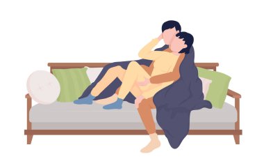 Kanepede yarı düz renkli vektör karakterler. Etkileşimli figürler. Beyazın üstüne tüm vücudu olan insanlar. Grafik tasarım ve animasyon için izole edilmiş modern çizgi film stili çizimlerini dinlendir ve gevşet