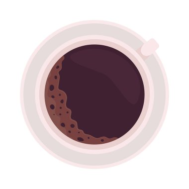 Yarı düz renk vektör objeli kahve. Sıcak içecek. Kupada siyah espresso. Beyaz üzerine gerçekçi bir madde. Grafik tasarım ve animasyon için izole edilmiş modern çizgi film stili çizimi