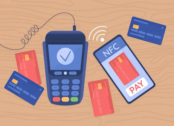 Contactless Payment Flat Color Vector Illustration Cashless Paying Method Terminal — Vetor de Stock