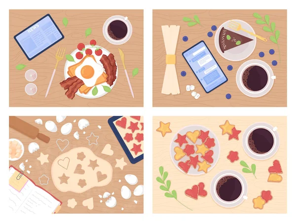 Eten Koken Platte Kleur Vector Illustratie Set Ochtendroutine Met Ontbijt — Stockvector