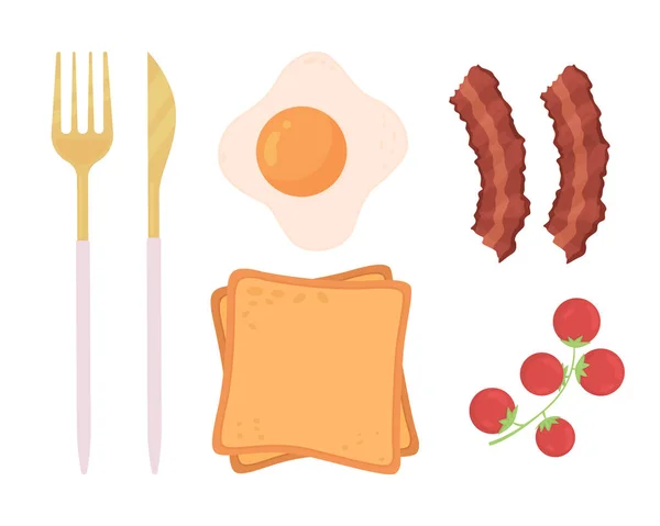 早餐半平面彩色矢量对象集 早上的食物和工具 关于白色的现实的项目 用于平面设计和动画集合的生活风格孤立的现代卡通风格插图 — 图库矢量图片