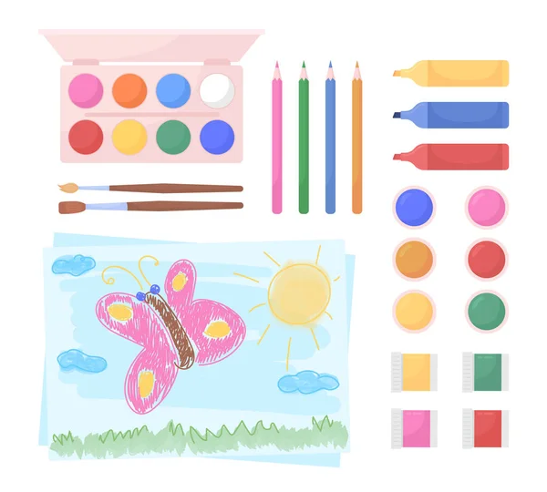 Drawing Tools Children Semi Flat Color Vector Object Set Realistic — Stockvektor