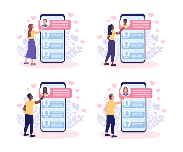 Selecteer Potentiële Partners Dating App Platte Concept Vector Illustraties Set — Stockvector