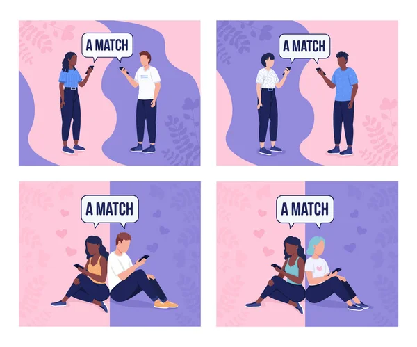 Perfecte Matching Dating App Platte Kleur Vector Illustraties Set Online — Stockvector