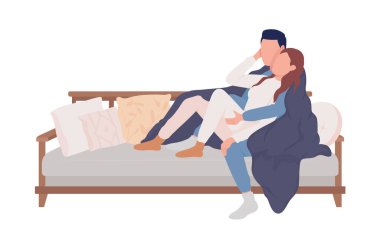 Çift koltukta dinleniyor. Yarı düz renk vektör karakterler. Etkileşimli figürler. Beyazın üstüne tüm vücudu olan insanlar. Hygge grafik tasarım ve animasyon için modern çizgi film stili çizimini izole etti