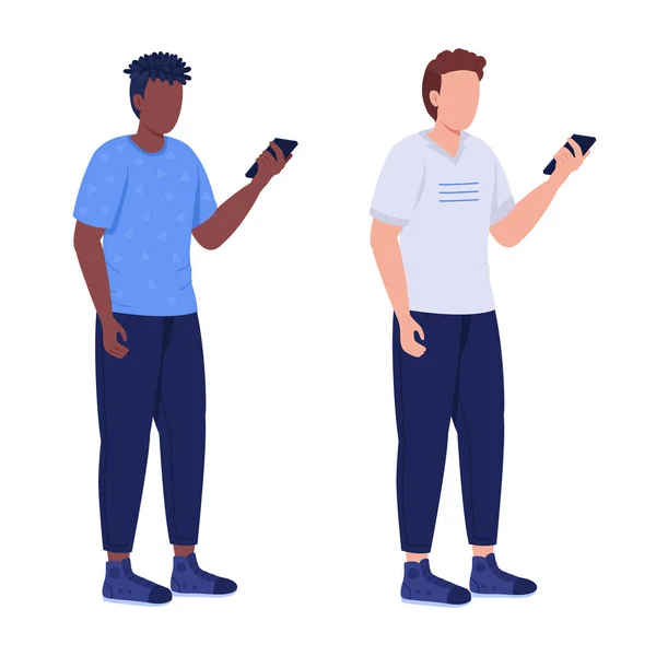 Jongens Besteden Tijd Aan Smartphone Semi Platte Kleur Vector Karakters — Stockvector