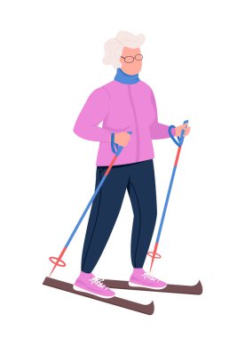 Büyükanne kayak yarı düz renk vektör karakter. Yaşlı biri. Beyazın üzerinde tam vücut insan. Kış etkinliği, grafik tasarım ve animasyon için modern çizgi film stili illüstrasyonunu izole etti