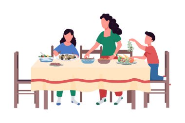 Aile ziyafetin yarı düz renk vektör karakterlerini hazırlıyor. Etkileşimli figürler. Beyazlı insanlar. Grafik tasarım ve animasyon için izole edilmiş modern karikatür stili çizimlerinde yemek servisi