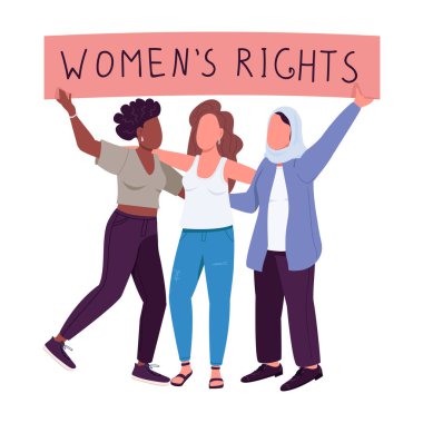 Yarı düz renk vektör karakterli feministler. Aktif figürler. Beyazın üstüne tüm vücudu olan insanlar. Toplum hareketi, grafik tasarım ve animasyon için modern çizgi film stili çizimini izole etti