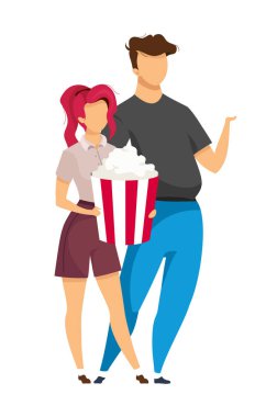 Film randevusundaki çift yarı düz renk vektör karakterler. Rakamlar. Beyazın üstüne tüm vücudu olan insanlar. Sinemaya katılmak, grafik tasarım ve animasyon için modern çizgi film stili illüstrasyonunu izole etti