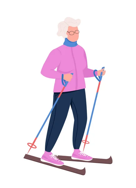 Grandma Skiing Semi Flat Color Vector Character Elderly Figure Full — Stock vektor
