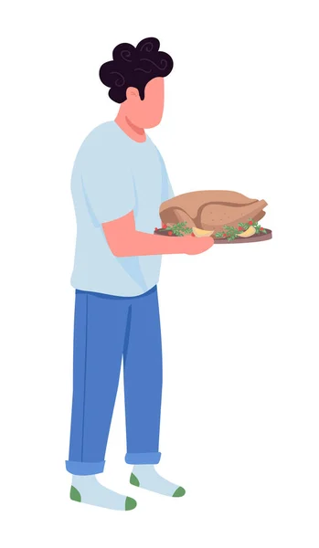Man Holding Tray Turkey Semi Flat Color Vector Character Cooking — Vetor de Stock