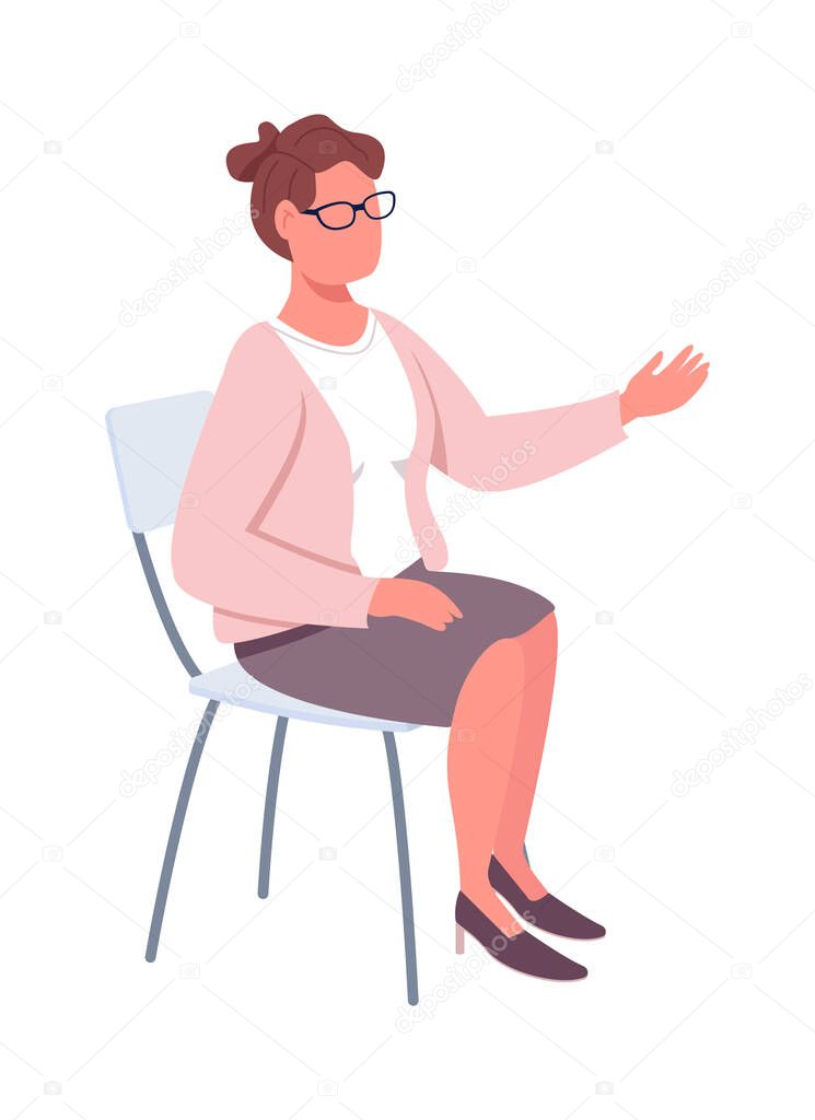 Teacher sitting and talking semi flat color vector character. Sitting figure. Full body person on white. Consulting isolated modern cartoon style illustration for graphic design and animation