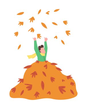 Child happy in leaves pile semi flat color vector character. Joyous figure. Full body person on white. Autumn activity isolated modern cartoon style illustration for graphic design and animation