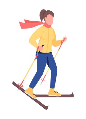 Female athlete skiing semi flat color vector character. Sportswoman figure. Full body person on white. Winter activity isolated modern cartoon style illustration for graphic design and animation