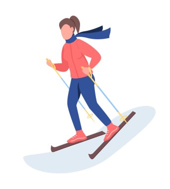 Woman skiing semi flat color vector character. Sporty figure. Full body person on white. Winter activity isolated modern cartoon style illustration for graphic design and animation
