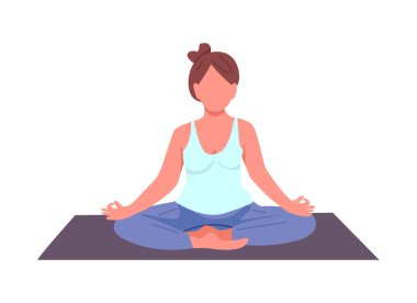 Woman in lotus pose semi flat color vector character. Sitting figure. Full body person on white. Calm position isolated modern cartoon style illustration for graphic design and animation