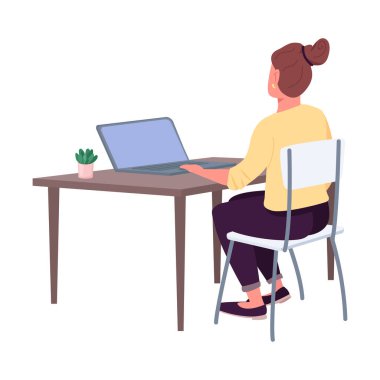 Woman at workplace semi flat color vector character. Sitting figure. Full body person on white. Remote job isolated modern cartoon style illustration for graphic design and animation