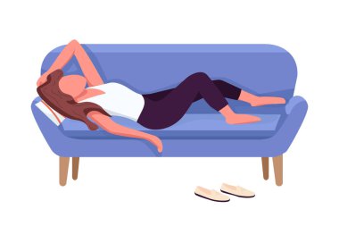 Tired woman on couch semi flat color vector character. Relaxing figure. Full body person on white. Rest at home isolated modern cartoon style illustration for graphic design and animation