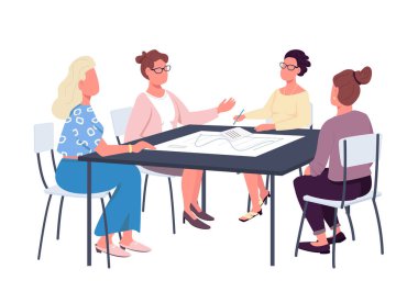 Female team on business meeting semi flat color vector characters. Active figures. Full body people on white. Teamwork isolated modern cartoon style illustration for graphic design and animation