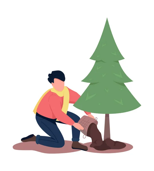 Man Planting Pine Tree Semi Flat Color Vector Character Working — стоковый вектор