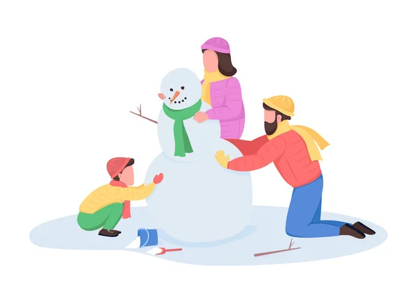 Family Building Snowman Semi Flat Color Vector Characters Interacting Figures — Stockvektor