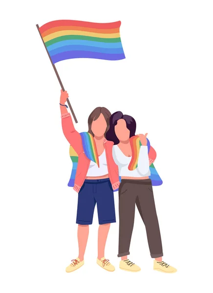 Lesbian Couple Rainbow Flag Semi Flat Color Vector Characters Active — Stockvektor