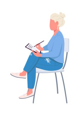 Woman writing on clipboard semi flat color vector character. Sitting figure. Full body person on white. Survey isolated modern cartoon style illustration for graphic design and animation