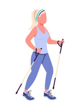 Woman on nordic walk semi flat color vector character. Active figure. Full body person on white. Exercising outdoor isolated modern cartoon style illustration for graphic design and animation